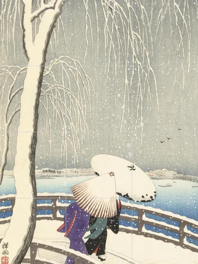 IXXI In the Snow on Yanagibashi, Ohara Koson & Rijksmuseum - 60 x 80 cm - Grote wanddecoratie en posters - Houtsnede, Ukiyo-e, Klassiek, Slaapkamer Wit / Koele tinten