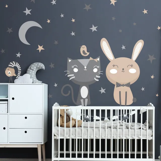 Ambiance Sticker Muurstickers - Kat, konijn en vogels in het maanlicht - Zelfklevende stickers - 135x100cm Multi color