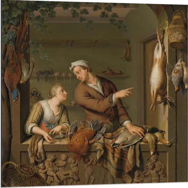 KuijsFotoprint Dibond - Oude meesters - De poelier, Willem van Mieris, 1733 - 80x80cm Foto op Aluminium (Wanddecoratie van metaal) Groen