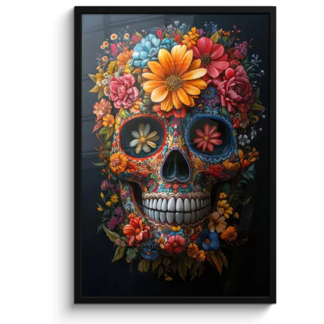 FrameYourWall Poster in lijst - Fotolijst 60x90 cm - Posters - Bloemen - Kleurrijk - Schedel - Posterlijst zwart - Decoratie - Wanddecoratie woonkamer - Muurdecoratie slaapkamer Schedel - Bloemen - Kleurrijk