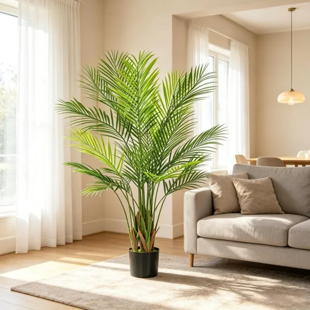 FloraGrace Kunstplant Onderhoudsvrij – 120 Cm – Areca Palm Met 22 Groene Kunststof Bladeren – Kunststof Pot – Voor Woonkamer En Kantoor – Onderhoudsvrij
