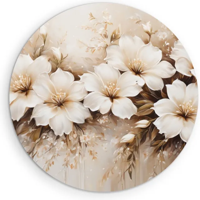 Saammp Muurcirkel Hout - Witte Bloemen - Beige - Abstract - Ø 60 - Wandcirkel - Wanddecoratie Cirkel - Muurdecoratie Woonkamer - Kantoor Decoratie