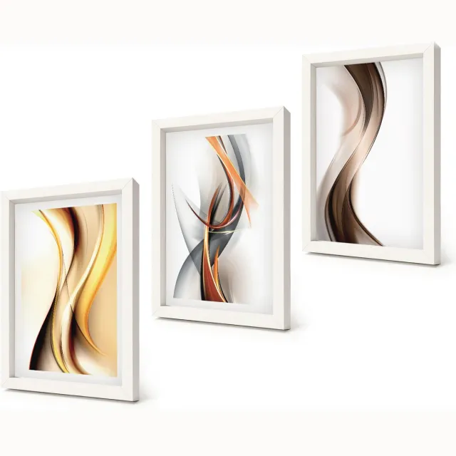 Coloray 3-Delige Schilderij Set - Golven in tinten geel, grijs en bruin. - 20x30 - Decoratieve Muurdecoratie - Slaapkamer Witte lijst
