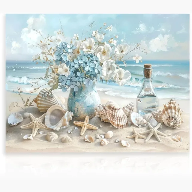Ibenzoa Canvas Muurkunst Strandthema met Oceaanbloemen en Zeesterren Wanddecoratie 30 x 40 cm blauw
