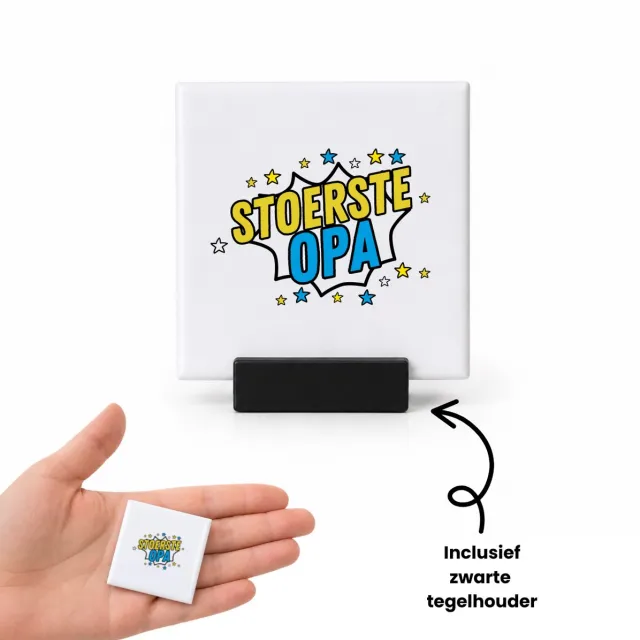 Hacebo Stoerste opa tegeltje met tegelhouder - Opa - beste opa - tegeltjes met tekst - verjaardagscadeau - cadeau voor opa - kado - gift - spreuktegels - 4.8x4.8 CM Wit