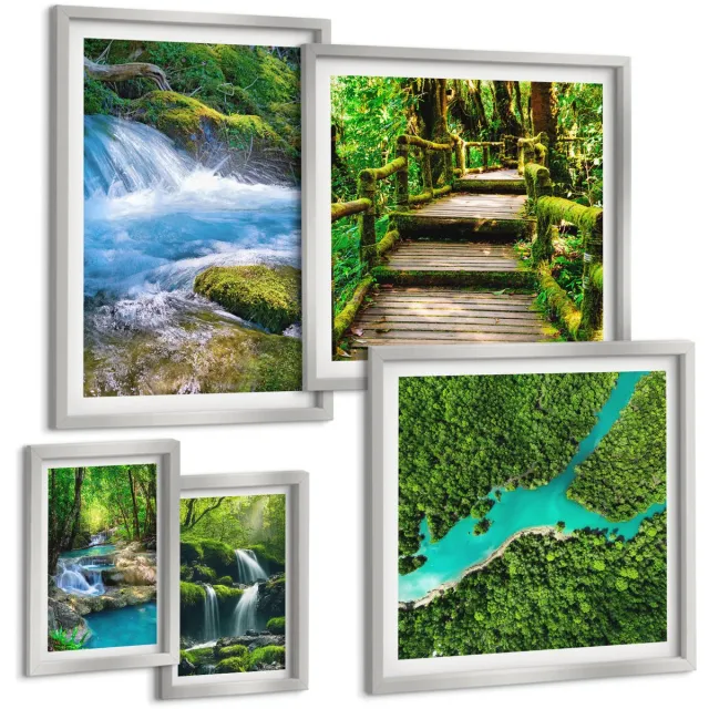 TULUP 4-Delige Schilderij Set - Groene oases van rust, watervallen en beekjes in het bos. - 50 x 50 cm, 20 x 30 cm en 40 x 60 cm - Stijlvolle Wanddecoratie - Interieur - Stijlvolle Muurdecoratie Zilveren lijst