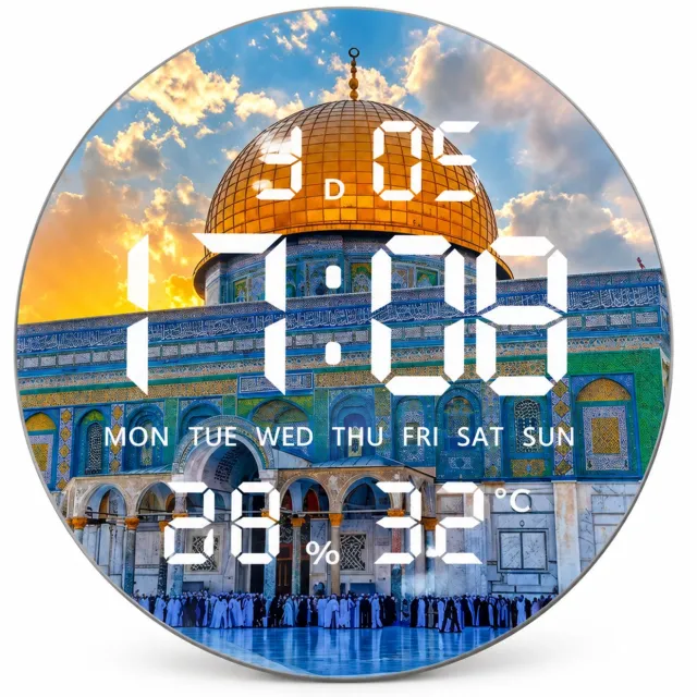 SWGOTA Digitale LED-wandklok Ø 24 cm met temperatuur, luchtvochtigheid, datum en weekdagen - ronde architectuurprint, 30 mm dik