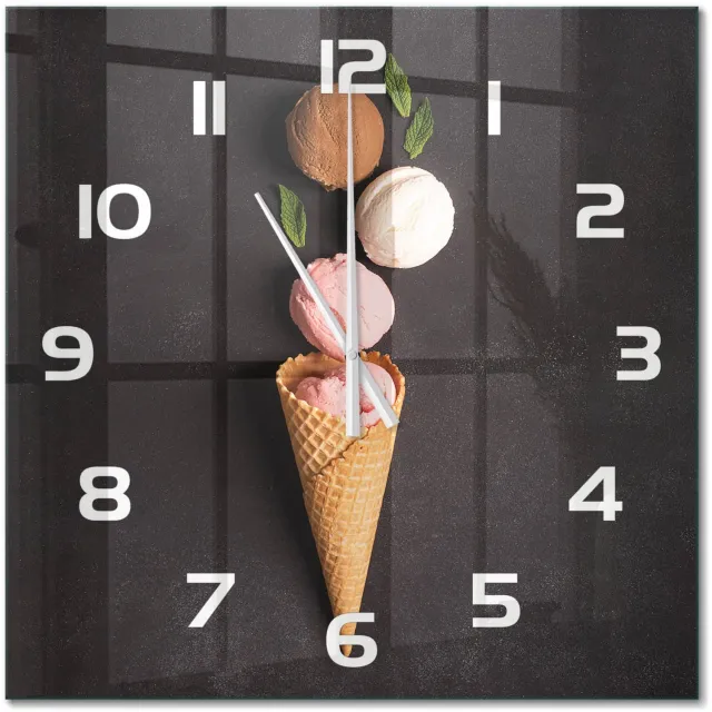 TULUP Wandklok - IJs in een wafelhoorntje Decoratieve Glazen Klok - 60x60 cm - Zwart Glazen Wandklok Design - Witte handen - Vierkante Klok - Glazen Klok Met Print - Wandklok Glas Met Motief