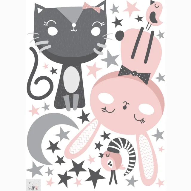 Ambiance Sticker Muurstickers - Kat, konijn en vogels tussen de sterren - Zelfklevende stickers - 55x40cm Multi color