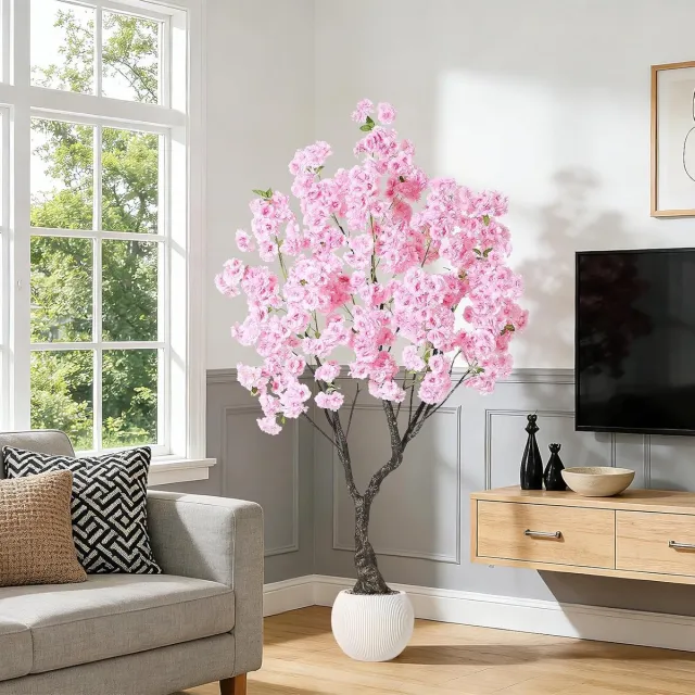 HOERFURIY Realistische roze kunstkersenbloesemboom in pot – 6FT (180 cm) kunstplant – zijden bloemen en levensechte bladeren – UV-bestendig – onderhoudsvriendelijke decoratieve boom – voor binnen en buiten, thuis