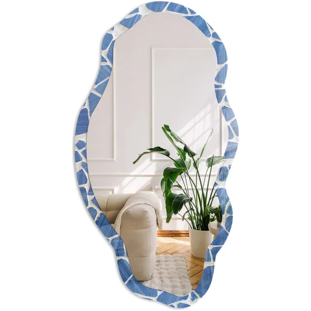 Coloray Blauw Mozaïek Spiegel - Blauw Rechthoekige Spiegel Voor Interieur - Organische Spiegel - Woonkamer, Kantoor - Klassiek - 45x90 cm - Totale afmeting 52x97 cm Blauw Mozaïekpatroon, Blauw