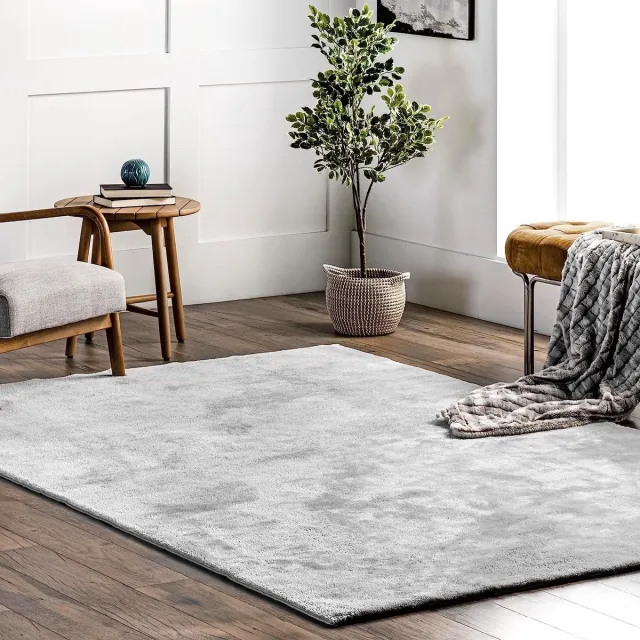 flycarpets Solid Hoogpolig & Wasbaar Effen Vloerkleed - Zilver / Lichtgrijs