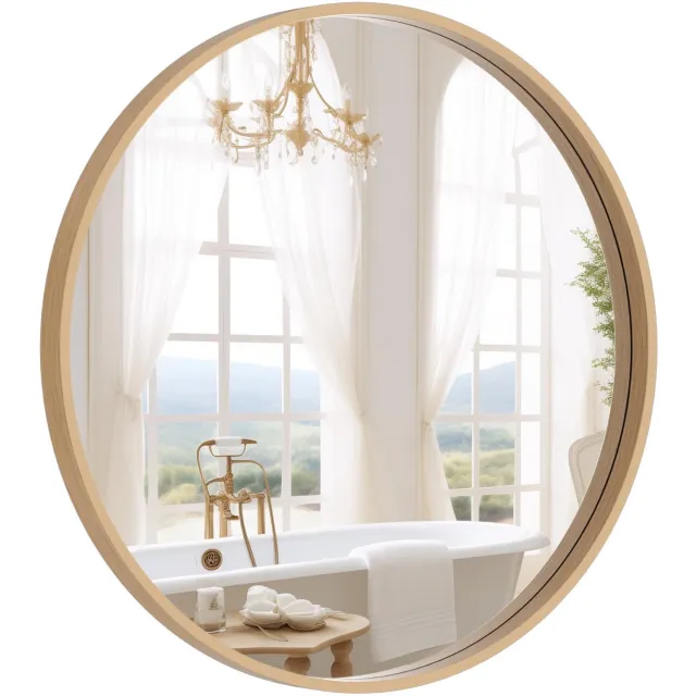Famanu Houten ronde wandspiegel, elegante cirkelspiegel voor woonkamer, slaapkamer, badkamer of entree, rustiek en modern decor (61 cm, natuurlijk hout) voor een stijlvolle uitstraling in elke ruimte