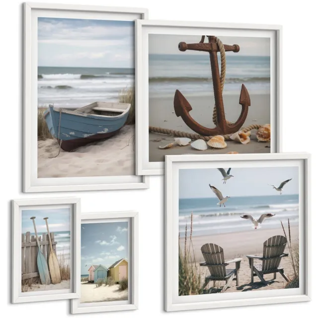 Coloray 5-Delige Schilderij Set - Sfeer Aan Zee, Ontspanning Aan Zee En Strand - 50 x 50 cm, 20 x 30 cm En 40 x 60 cm - Stijlvolle Wanddecoratie - Interieur - Muurdecoratie Witte lijst