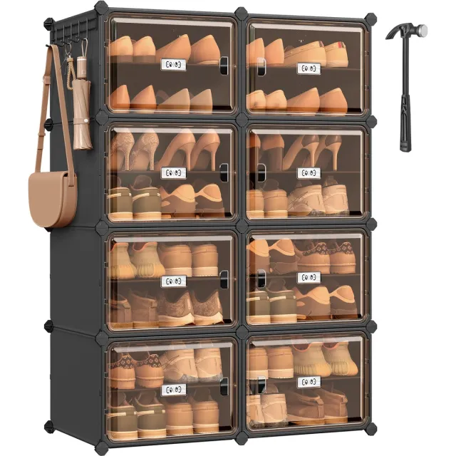 Songmics Schoenenrek - Schoenenrek met 8 Vakken - Metalen Frame - Voor 32 Paar Schoenen - Transparante Deur Inktzwart-Transparant bruin