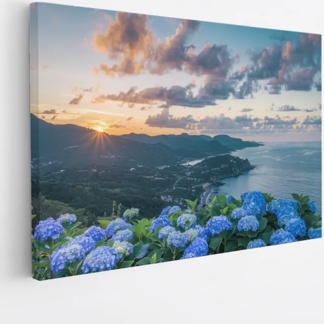 Saammp Canvas Schilderij - Bloemen aan de kust - Landschap - Natuur - 60x40 - Foto op canvas - Wanddecoratie - Muurdecoratie Woonkamer - Slaapkamer decoratie - Canvas Print Multicolor