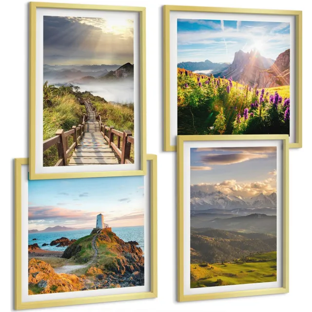 TULUP 4-Delige Schilderij Set - Berglandschappen met bloemen, lucht en pad. - 40 x 40 cm en 40 x 60 cm - Moderne Wanddecoratie - Woonkamer - Stijlvolle Muurdecoratie Gouden lijst