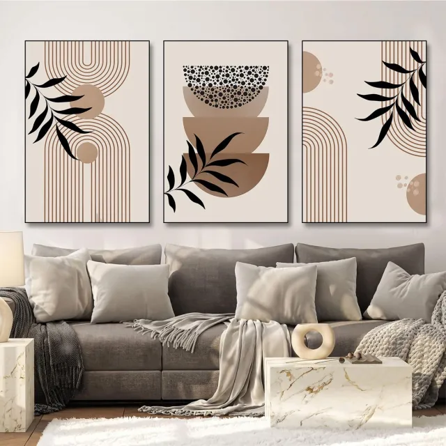 Unyqoos Moderne boho canvas posterset met abstracte geometrische lijnen voor interieurdecoratie beige