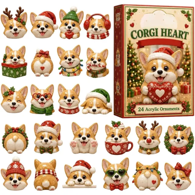 ZVD Kerstaftelkalender met schattige honden – 2D-kerstaftelkalender van acryl – Set met 24 ornamenten – Hangende kerstdecoratie – Geschikt voor aan de muur, voor het raam, aan de achteruitkijkspiegel, aan een sleutelhanger of aan een rugzak