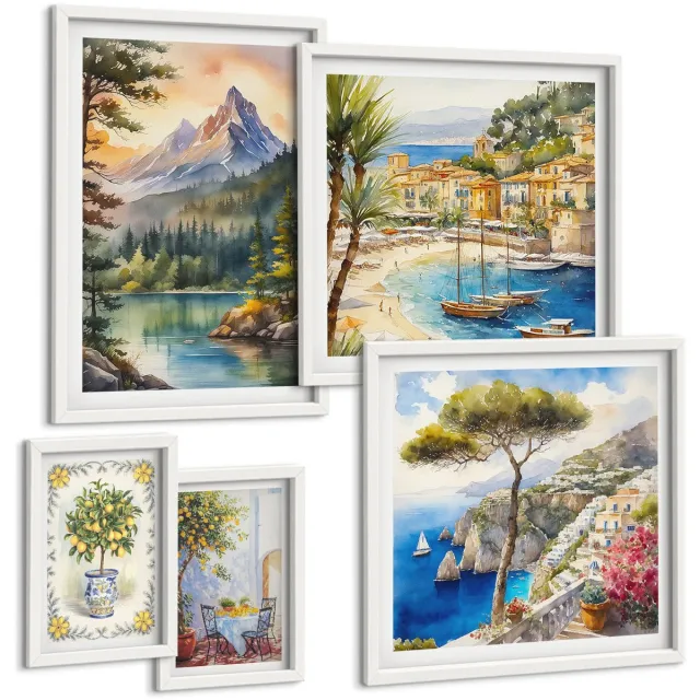 TULUP 4-Delige Schilderij Set - Berg- en kustlandschappen met charmante uitzichten - 50 x 50 cm, 20 x 30 cm en 40 x 60 cm - Muurdecoratie - Wanddecoratie - Hal Witte lijst