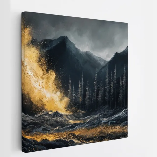 Saammp Canvas Schilderij - goud - Abstract - bomen - Landschap - Natuur - 20x20 - Foto op canvas - Wanddecoratie - Muurdecoratie Woonkamer - Slaapkamer decoratie - Canvas Print Multicolor