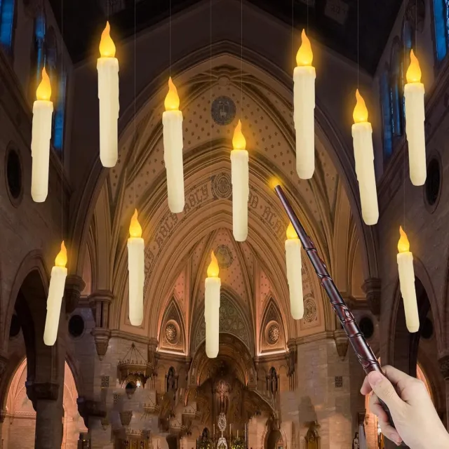 NCRealher Zwevende Kaarsen Met Toverstaf - 12 Stuks Vlamloze Magische Led-Hangkaarsen - Voor Feest Kerstmis En Halloween Wit