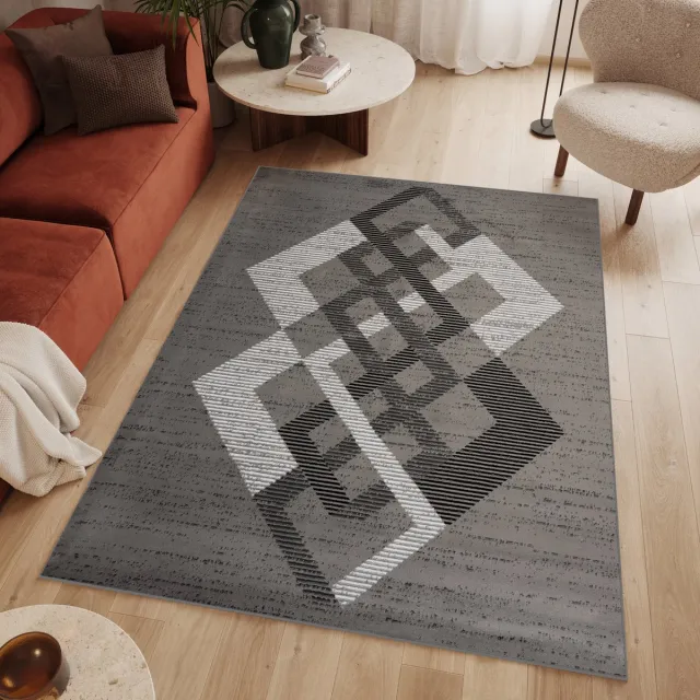 Tapiso Luxury Vloerkleed Grijs Laagpolig Woonkamer Geometrisch Slaapkamer Tapijt Grijs Geometrisch