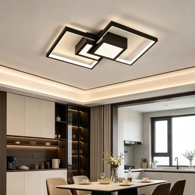 Epochglo Moderne LED Plafondlamp met Geheugenfunctie, Timer & Nachtlampje - Zwart Plafonnière (60x37cm) - 35W 3150LM - Geometrisch Vierkant Design - Dimbaar met Afstandsbediening (3000K-6500K) - Plafondverlichting voor Woonkamer & Slaapkamer