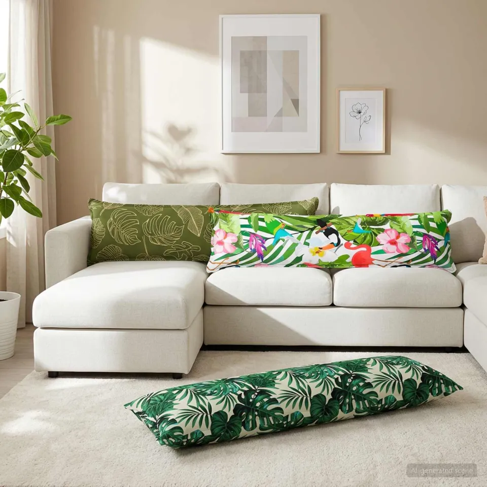 vidaXL Plaid kussen 2 st HOUTEN Bladpatroon 40 x 145 cm Polyester groen, foto 2