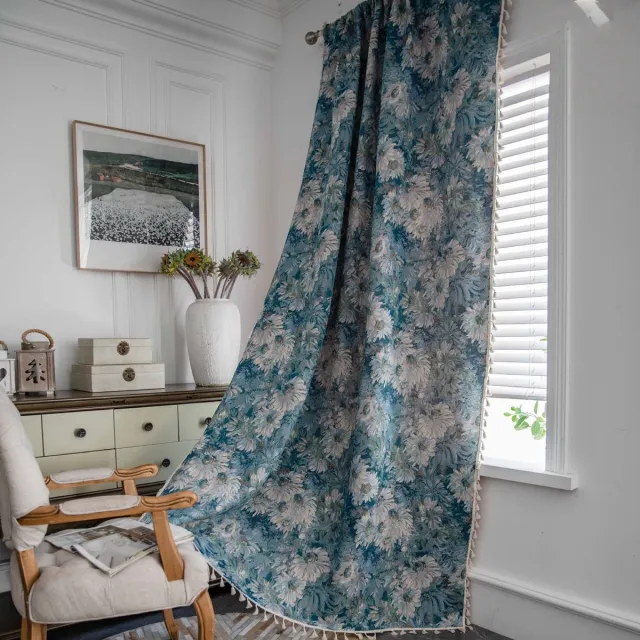 Floraweg Vintage bloemenprint kwastjes boerderij kamer verduisterend gordijn, woonkamer, slaapkamer, landhuisdeur,blauw,roedezakken,140x220cm