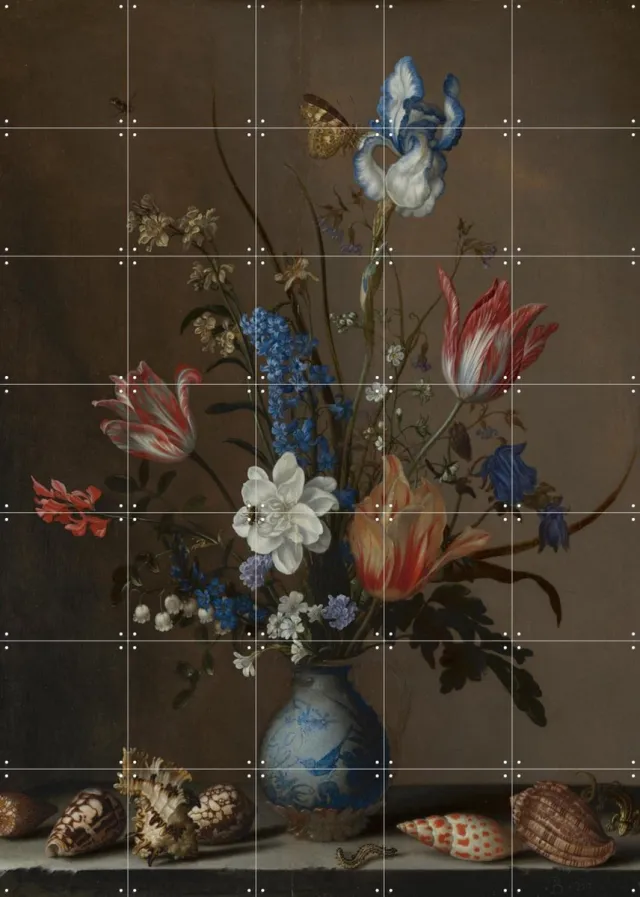 IXXI Bloemen in een Wan-Li vaas en schelpen, Balthasar van der Ast & Mauritshuis - 100 x 140 cm - Grote wanddecoratie en posters - Klassiek, Realisme Bruin