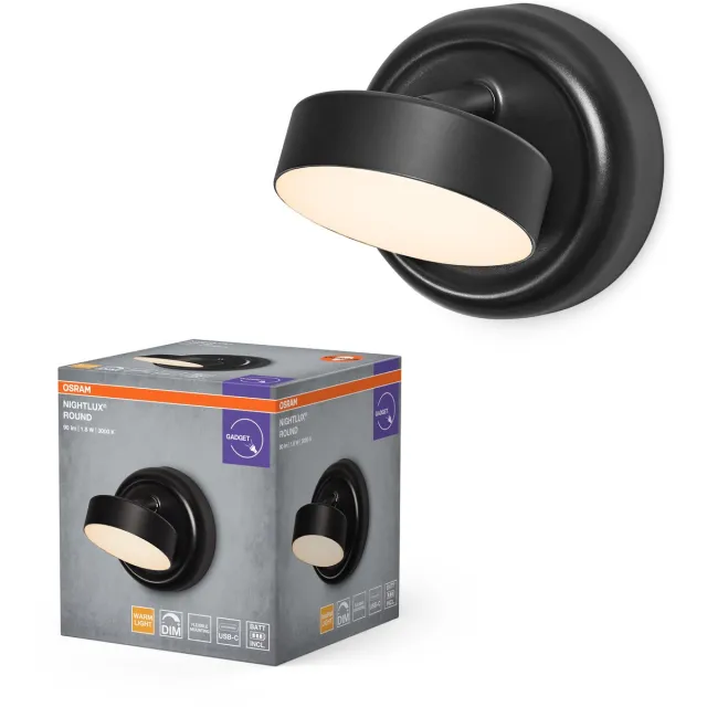 Osram Nightlux LED-lamp rond, 3000 K, dimbaar met USB-batterij, magnetisch, als nachtlampje of mobiele extra lamp voor hal, slaapkamer, plank Zwart