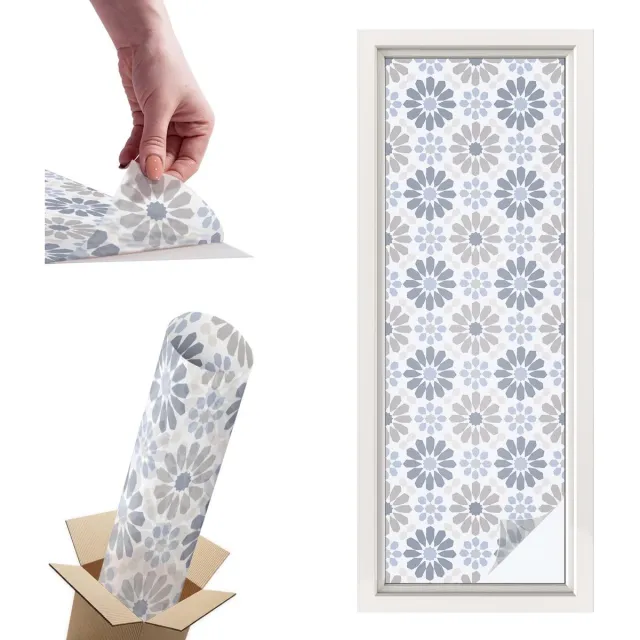 TULUP Raamfolie Anti inkijk - Bloemenmozaïek Privacy Folie Raam - 50x146 cm - Beige Anti inkijk Folie - Raamfolie Tegen inkijk Glas in Lood - Voor de slaapkamer, hal en woonkamer - Raamfolie Zonwering Beige - Bloemenmozaïek