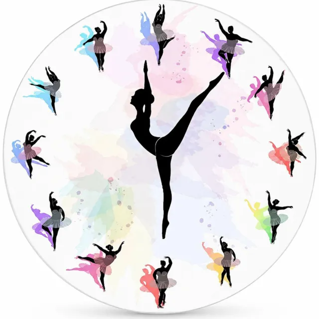 SWGOTA Ronde balletwandklok 30 cm met zwart danseressensilhouet, kleurrijke balletmotieven en pastelkleurige achtergrond