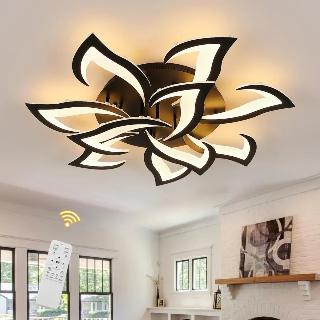 Haobosic Moderne dimbare LED-plafondlamp, 10 bloemblaadjes LED-kroonluchters, plafondlamp voor woonkamer met afstandsbediening/app, 85W 8350LM zwarte plafondlamp, dimbare binnenverlichting voor woonkamer, slaapkamer, eetkamer