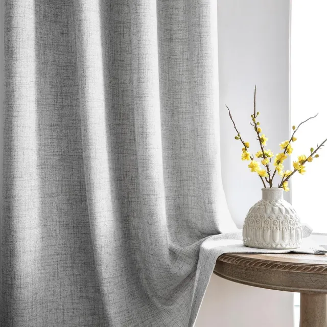 Famanu Gordijnen met plooiband, grijs, linnenlook, halfvrije gordijnen, set van 2, 225 x 140cm
