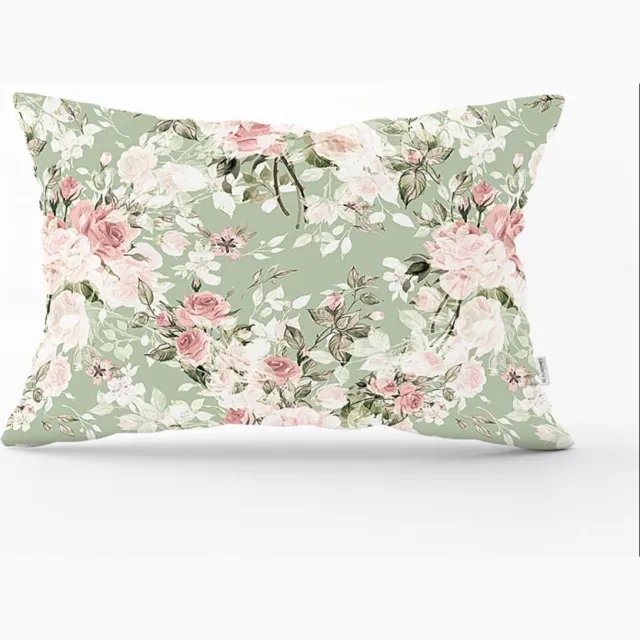 De Groen Home BLOEM Sierkussen Velvet - 30x50 - Pastel bloemen - Inclusief binnenkussen - Aan beide zijdig bedrukt Lichtgroen