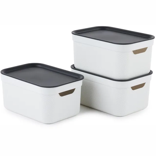 Famanu Dekobox set van 3 opbergdozen van 5 liter met deksel, gerecycled kunststof, wit/antraciet, 3x5l (26,5 x 18,5 x 13,2 cm