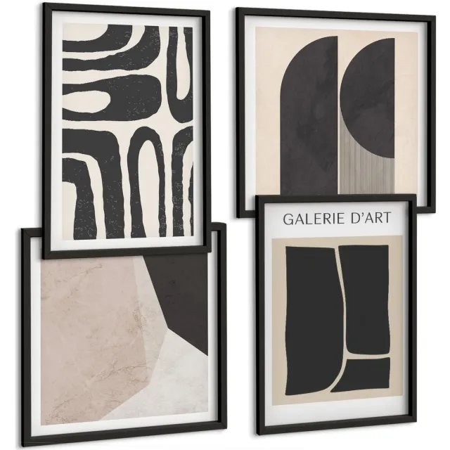 Coloray 4-Delige Schilderij Set - Abstracte Vormen Minimalistische Posters - 40 x 40 cm En 40 x 60 cm - Wanddecoratie - Moderne Interieurdecoratie Zwarte lijst