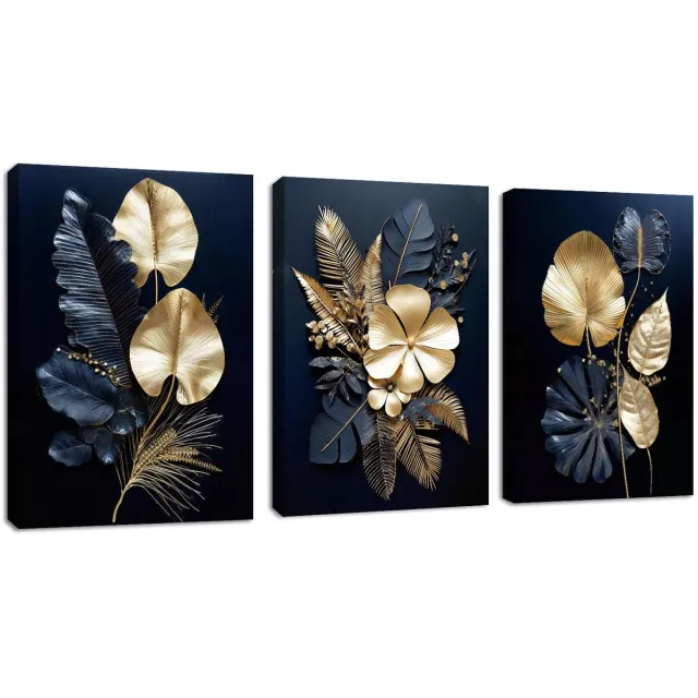 Ibenzoa Set van drie canvas schilderijen met bloemen en bladeren in blauw en goud bloemen goud