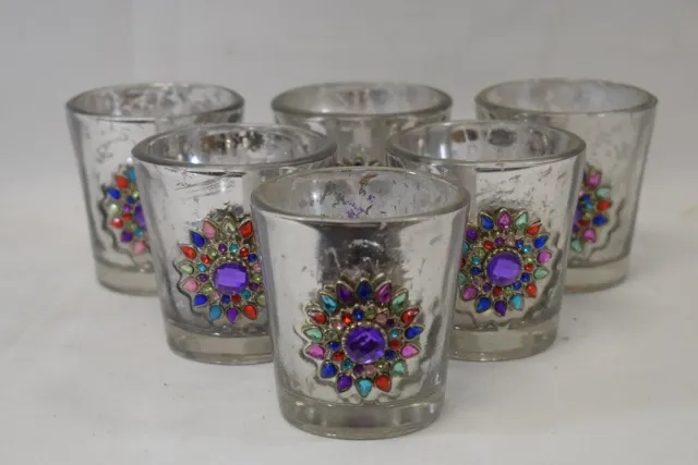 ZoeZo Design 6 stuks - waxinelichtjeshouder - glas - vintage - zilver - paars - multi - H7,5 x Ø7,5 cm