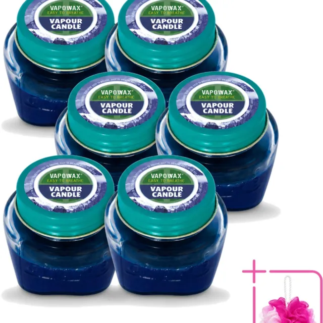 Airpure 6 x Airpure - Kaars Tegen Verkoudheid - Geurkaars - Verlichting bij Verkoudheid - 28,5 g - Bulkverpakking - Kaars tegen verkoudheid - Douchemop - Geurige kaars blauw