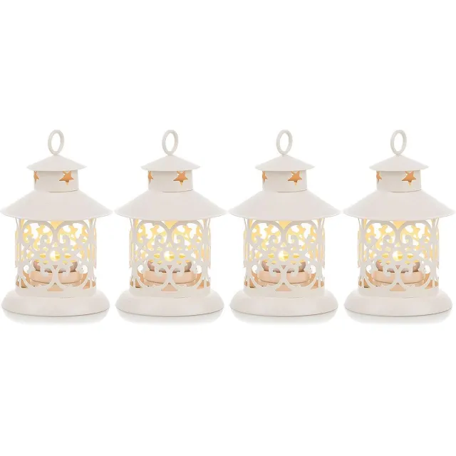 Hoomall Theelicht lantaarn wit decoratie - set van 4 vintage lantaarns kaars metaal klein met gravure voor kaarsen, tafeldecoratie, bruiloft, Kerstmis, Ramadan, balkon, tuin, outdoor