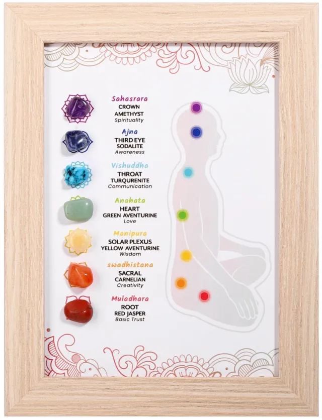 Winkrs Chakra Edelstenen in Houten Lijst – 7 Chakra’s met Natuurstenen – 15,5 x 20,5 cm – Spirituele Decoratie Chakra's