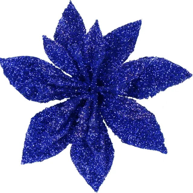 springos Kunstbloem Met Clip- Poinsettiatak - Ster van Bethlehem - Blauw - Glitters