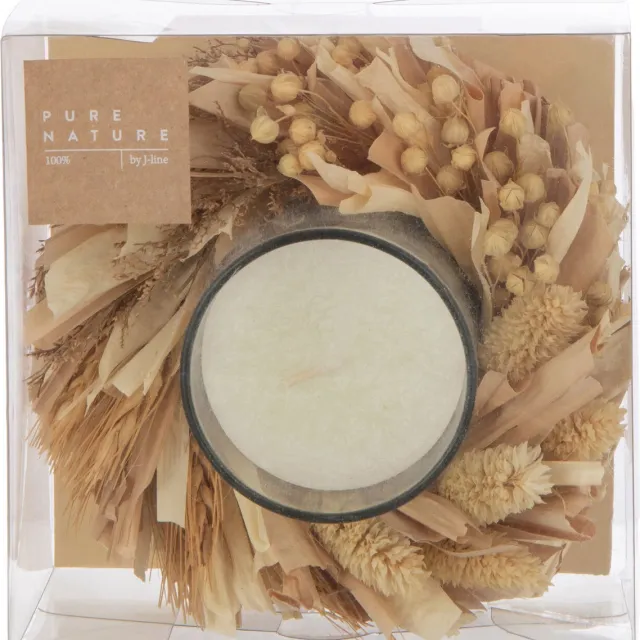 J-Line kaars + bloemen Rond - glas - wit/naturel - 24U