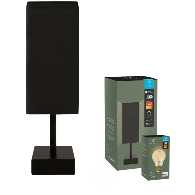 Varin Tafellamp Zwart met zwart stalen voet - Vierkant - Katoen kap - E27 Smart Led lamp - Tuya Wifi - RGB Witlicht - Industrieel Tafellampen - Bureaulamp - Nachtlamp - Slimme verlichting nachtkastje slaapkamer, woonkamer, keuken, kantoor