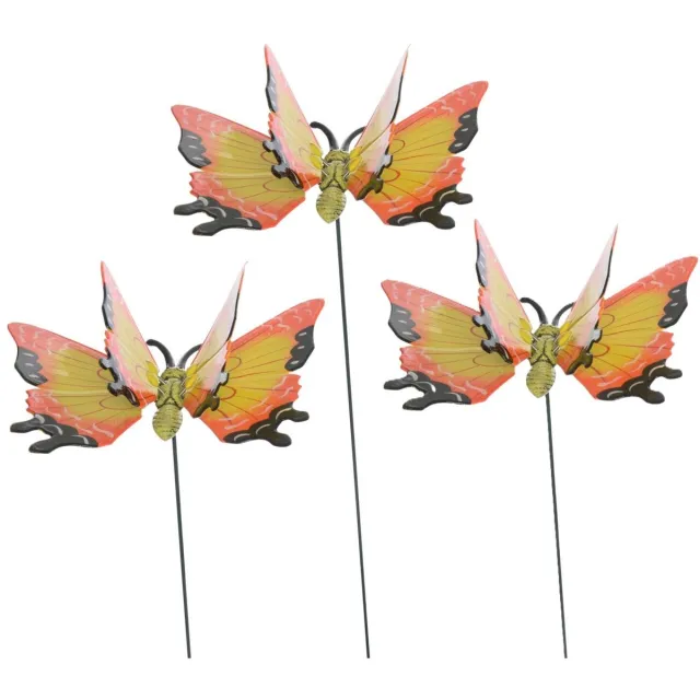Decoris tuin deco vlinder op stok - 3x - geel - metaal - 17 x 60 cm - dieren decoraties - bewegend