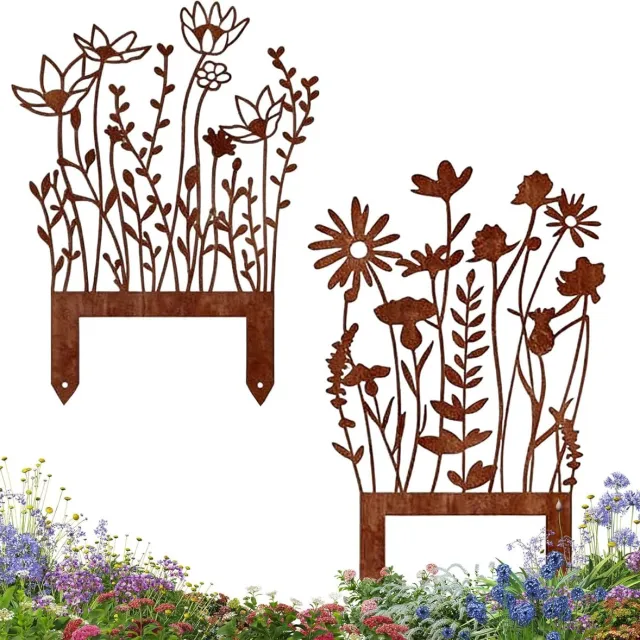 OEMG Tuindecoratie, 2 Stuks Tuinsteker, Decoratieve Ijzeren Steker, Roestige Metalen Tuinsteker, Decoratieve Metalen Bloemen, Tuindecoratie, voor Terras, Balkon, Buiten