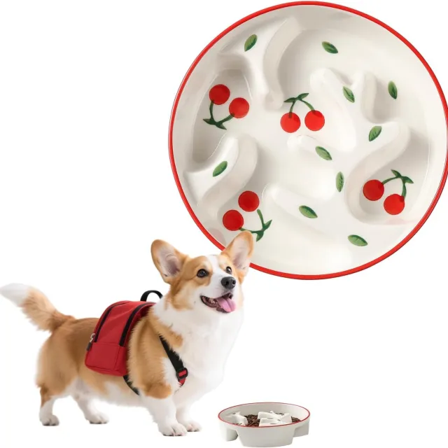Famanu Keramische anti-schrokbak voor honden, voedselbak met portiecontrole voor middelgrote en grote honden, langzame voeding, 310 g inhoud, met doodle-patroon (kers) silver